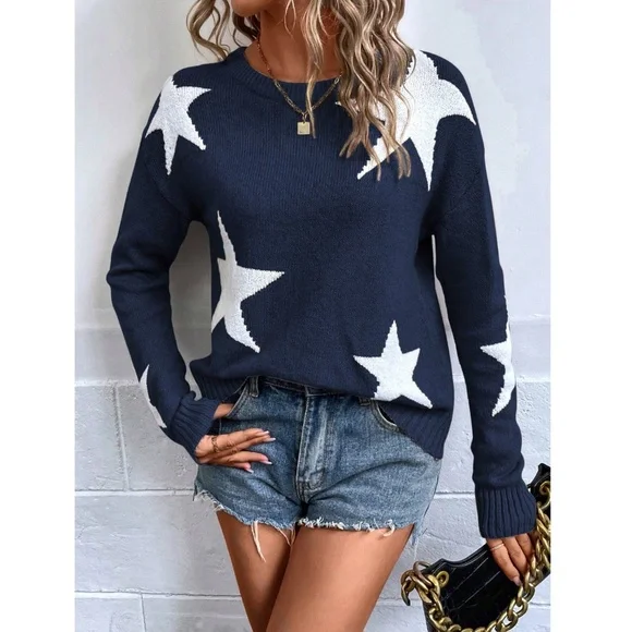 Star Print Navy Blue Knit Sweater Pullover Long Sleeve Crew Neck - Picture 2 of 6